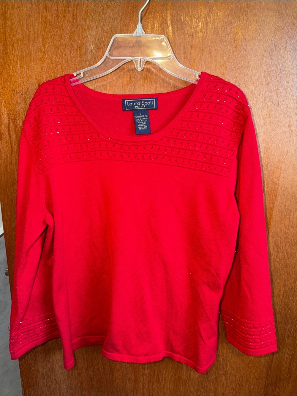 Laura Scott Red Scoop-Neck Embellished Pullover